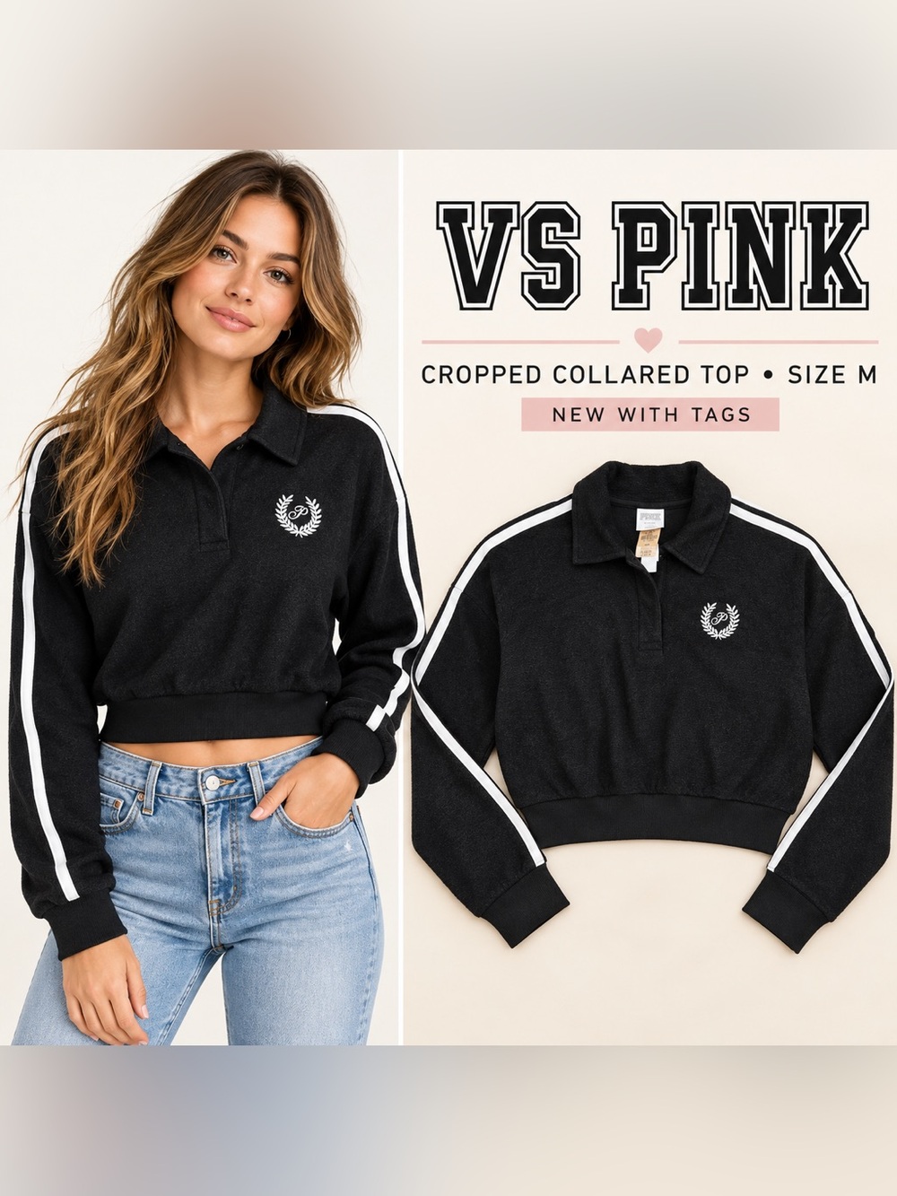 NWT Victoria’s Secret PINK Black Cropped Collared Pullover Size M